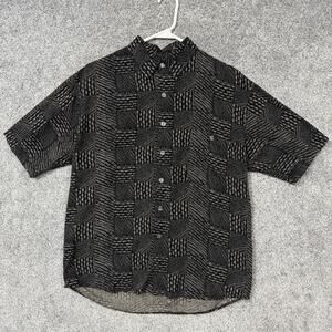 Portofino Shirt Mens Small Black Tan Rayon Geometric Short Sleeve Button Up Boho